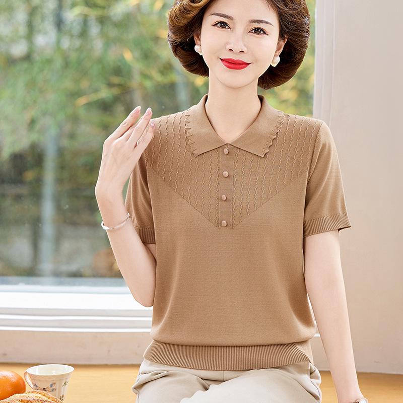 

Summer Silk Lapel T-Shirt & Short-Sleeve Cardigan for Mature Women 3XL (120-135 lbs) хаки