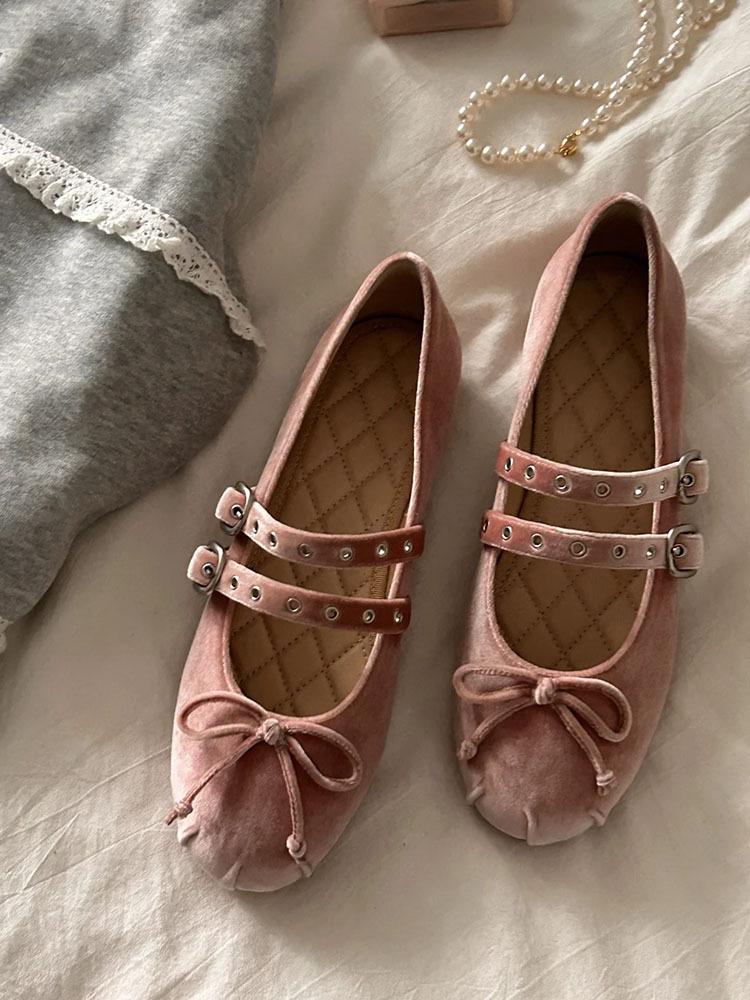 Sheepskin version~ velvet flat Mary Jane shoes women's spring new double buckle bow ballet shoes retro single shoes