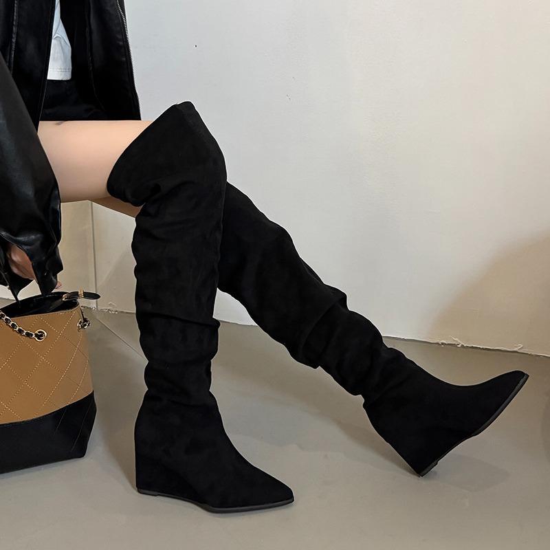 Nightclub Pointed Toe Pleated Women Over the Knee High Boots Wedges High Heels Party Shoes Winter Ladies Thigh High Booties