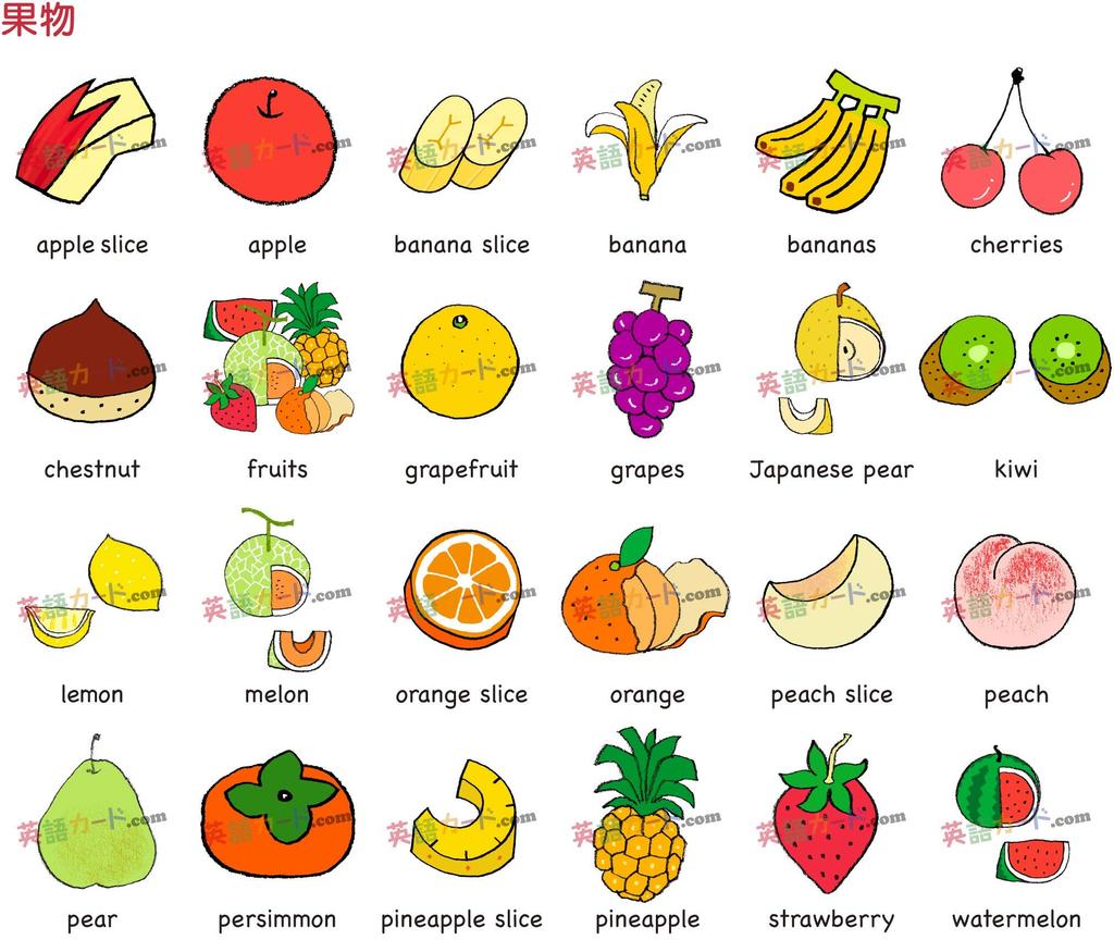 English Word Cards Flashcards, (Fruits) A4 Size