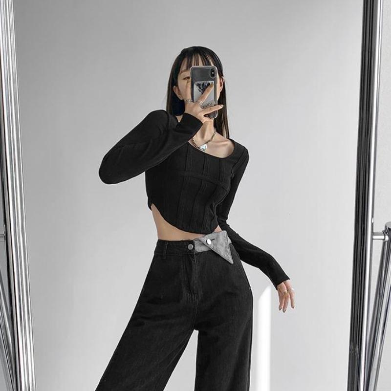 2KWEIRD Y2k T-Shirt Mädchen Crop Tops Frühling Damen Langarm O-Ausschnitt Baumwollshirts Bustier Harajuku Pullover Streetwear Allround-T-Shirt