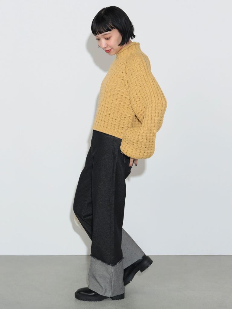 Pants Turnback Wide Denim Pants BLACK S [Beams Heart] (S-M) Women's