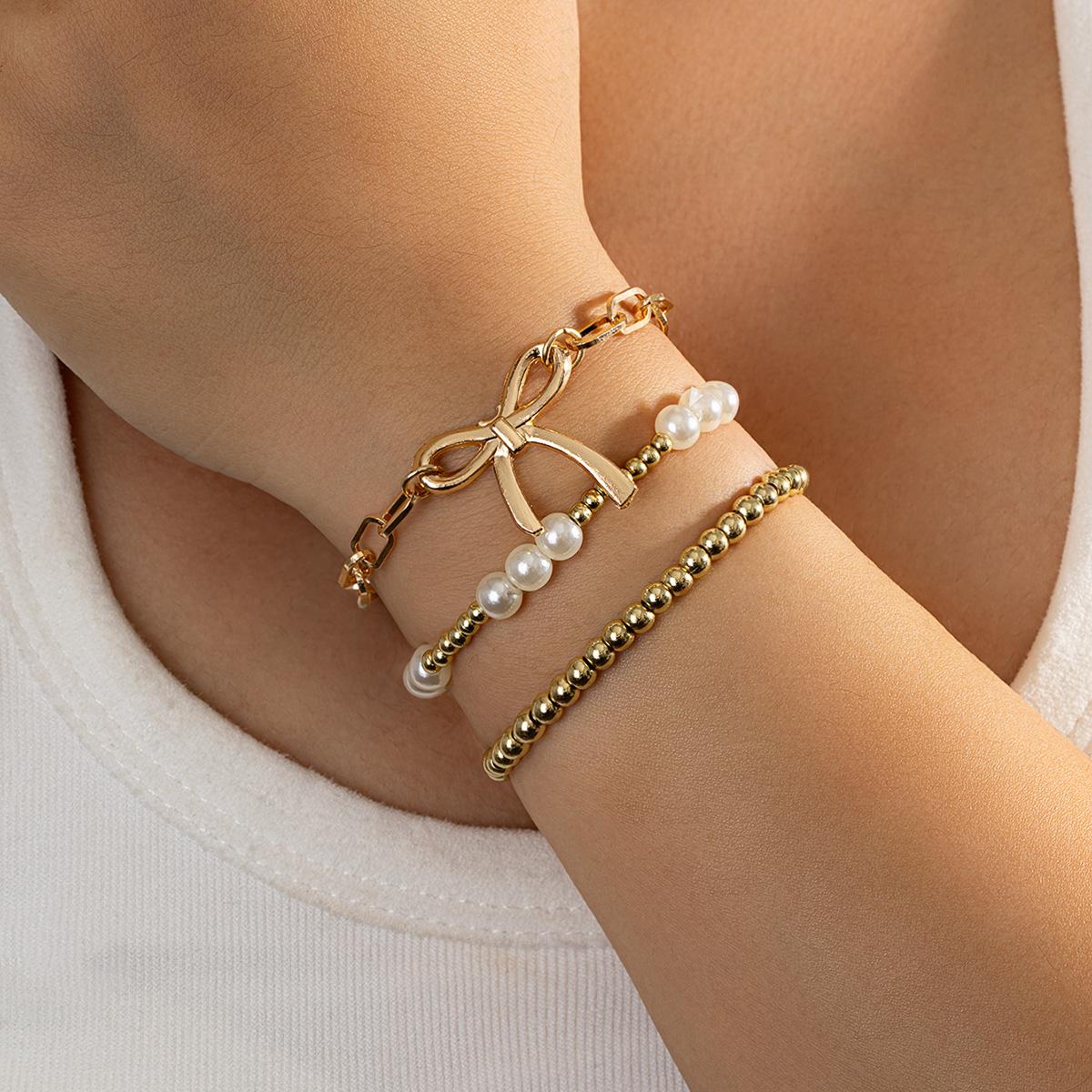 

3 cute and simple bow chain bracelets with multiple layers of CCB bead bracelets for women, versatile in temperament