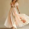 Vestito da Donna con Scollo a V, Manica Corta, Stampa Digitale Posizionata, Gonna Lunga, Elegante, Aderente, Vita Alta