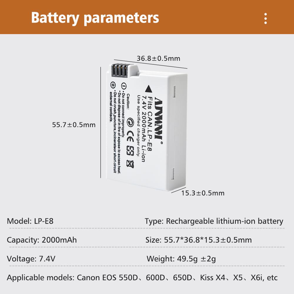 Batterie rechargeable LP-E8 2000 mAh pour Canon EOS 550D 600D 650D 700D X4 X5 X6i X7i T2i T3i