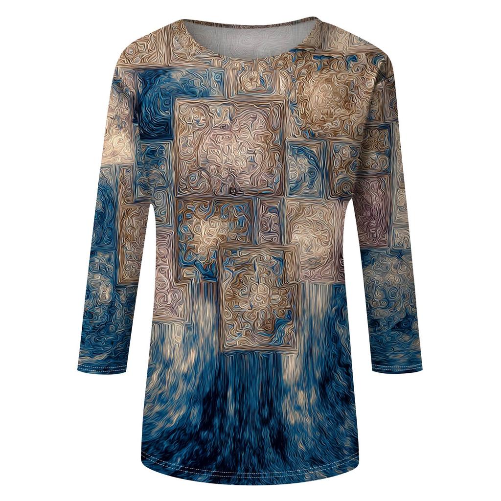 Trendy Vintage 3/4 Sleeve Top For Women,Ladies Casual Three Quarter Sleeve Round Collar Printed T-Shirt Blouse