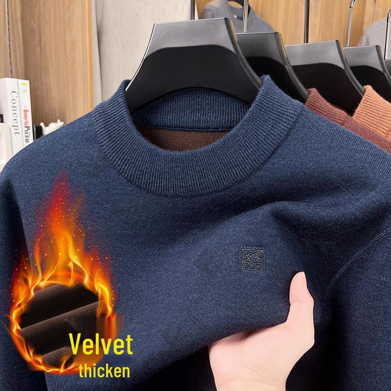 Men's Half-High Collar Jacquard Sweater with Velvet Lining - Warm, Skin-Friendly Knit Base Layer for Fall/Winter