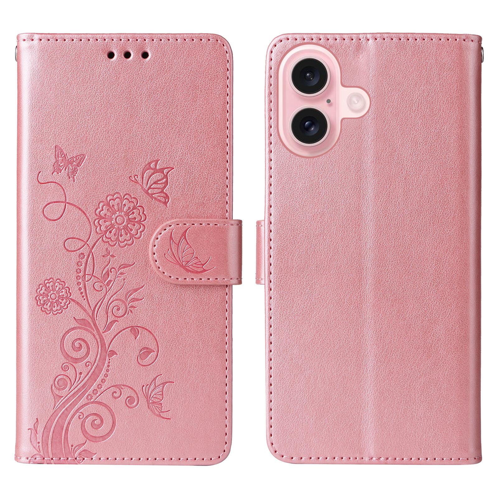 

For iPhone 16 Leather Case Butterfly Floral Imprint Wallet Stand Cover Pink