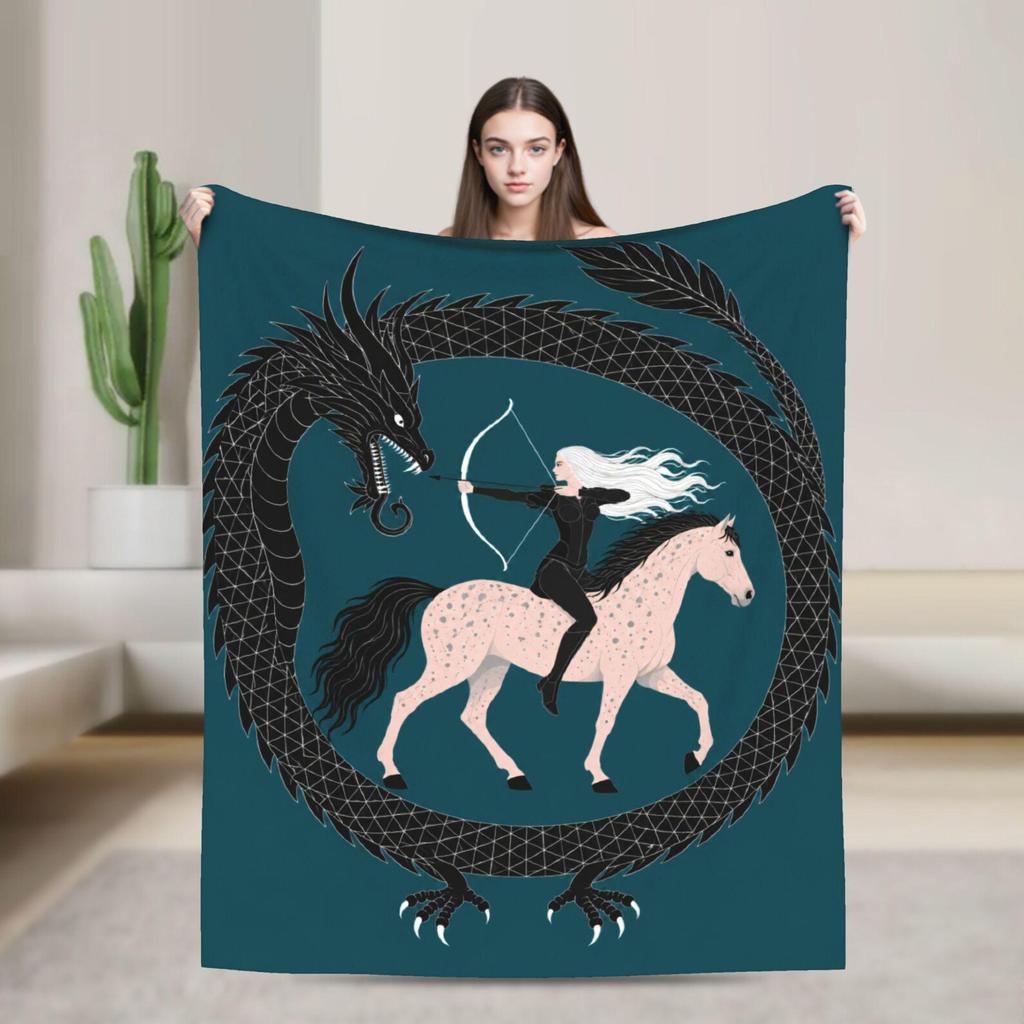 Gothic Fantasy Dragon Archer Fleece Blanket, Dark Academia Decor, Mythical Warrior Gift