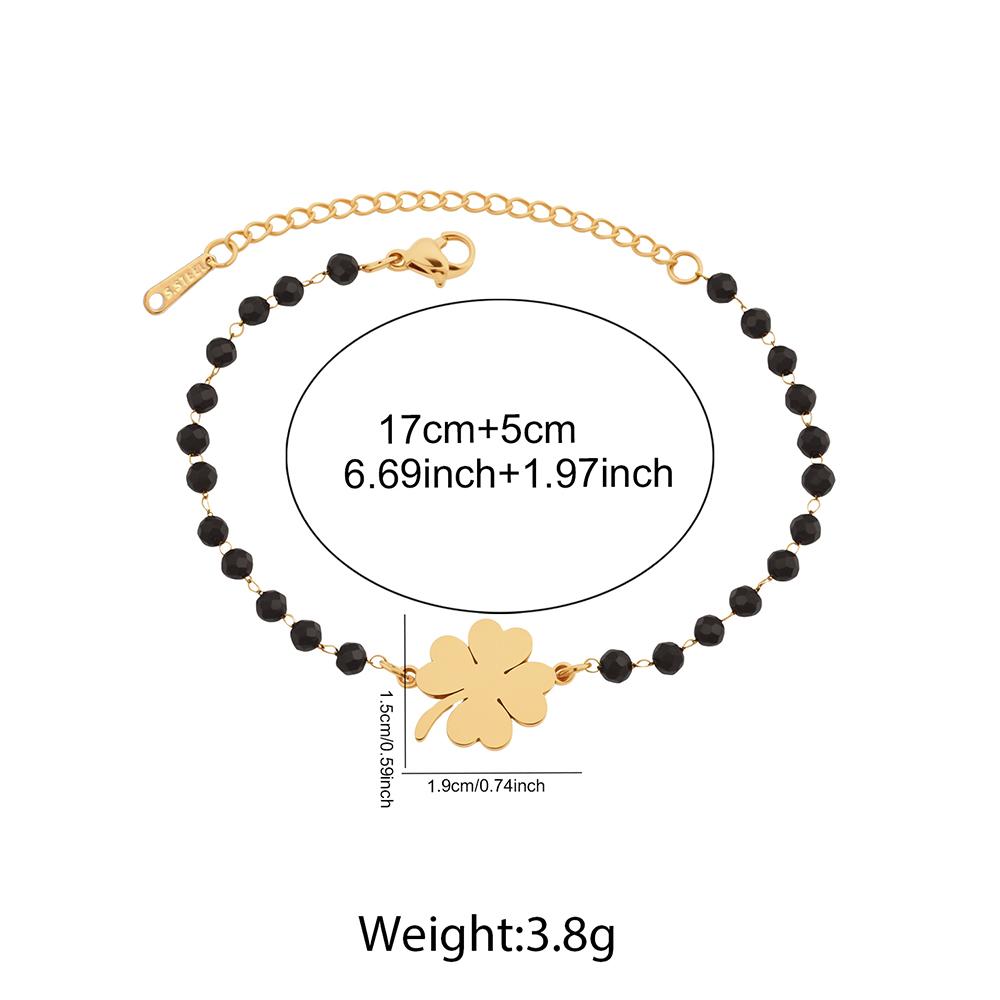 DGIDDK Stainless Steel Four-Leaf Clover Pendant With Black Beaded Bracelet Women's Fashionable And Unique Design Wrist Accessory