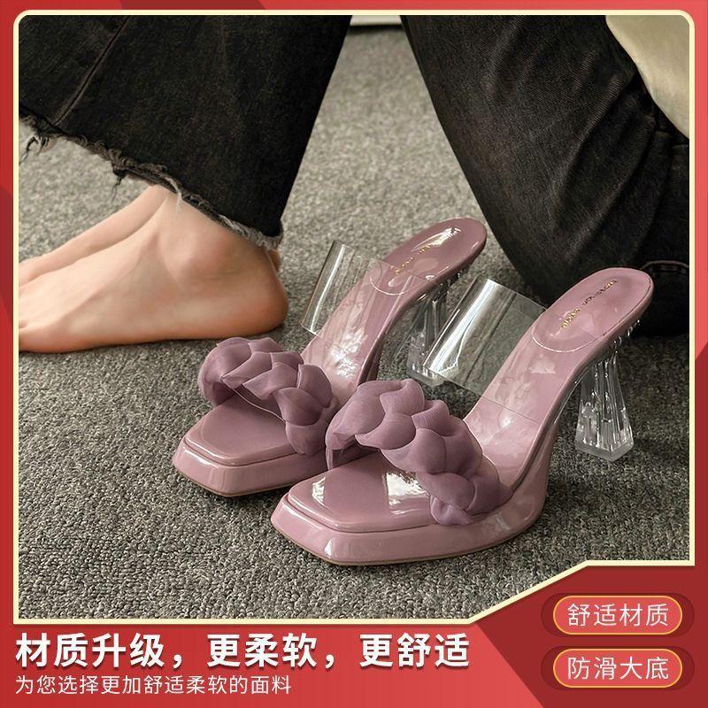 Waterproof table slippers women's outer wear spring 2025 new outer wear fashion crystal high-heeled fairy wind one-word sandals