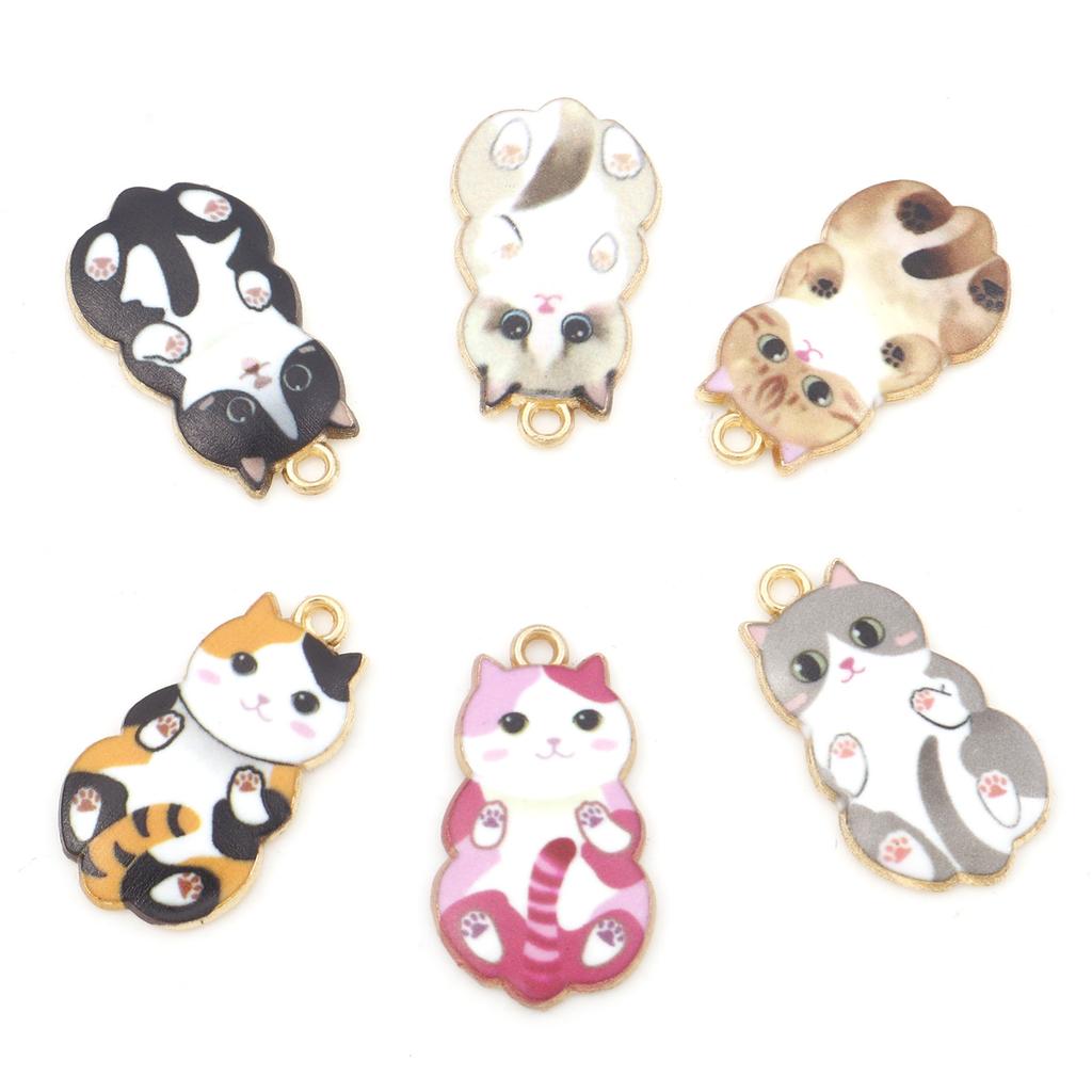 10PCs Cute Cartoon Cat Charms Multicolor Animal Enamel Gold Color Metal Pendants DIY Necklace Bracelets Jewelry Making 25mmx14mm