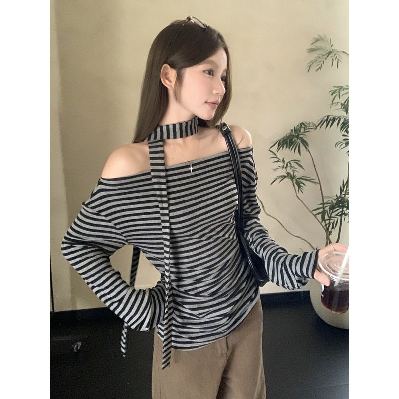 Kumikumi Stylish Slant Shoulder Elegant Stripes Strap Long-Sleeved T-shirt Women's Autumn Waist Slim Fit Versatile Top