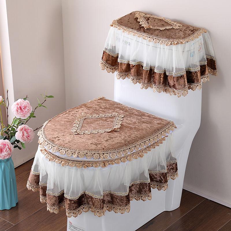 3-teiliges Toilettensitzset aus Stoff mit Spitze, dreiteiliger Toilettensitzbezug aus goldenem Samt, U-förmiger Toilettendeckel mit Reißverschluss und Toilettenständerring