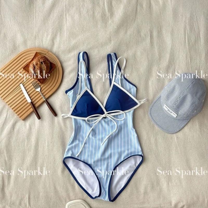 Thai niche personality blue and white striped two-piece one-piece women's simple and thin swimsuit fashionable island vacation swimsuit