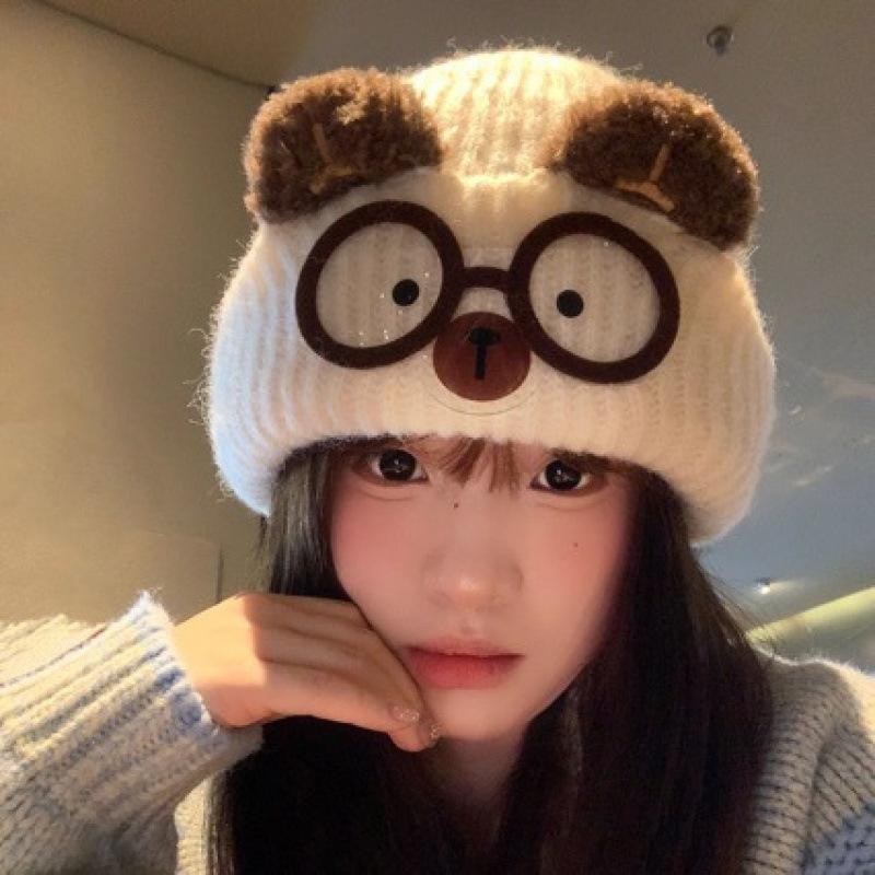 Cute Cat Ear Knitted Hat Female Autumn and Winter Warm Big Head Circumference Showing Face Small Cartoon Cat Glasses Ear Protection Wool Hat
