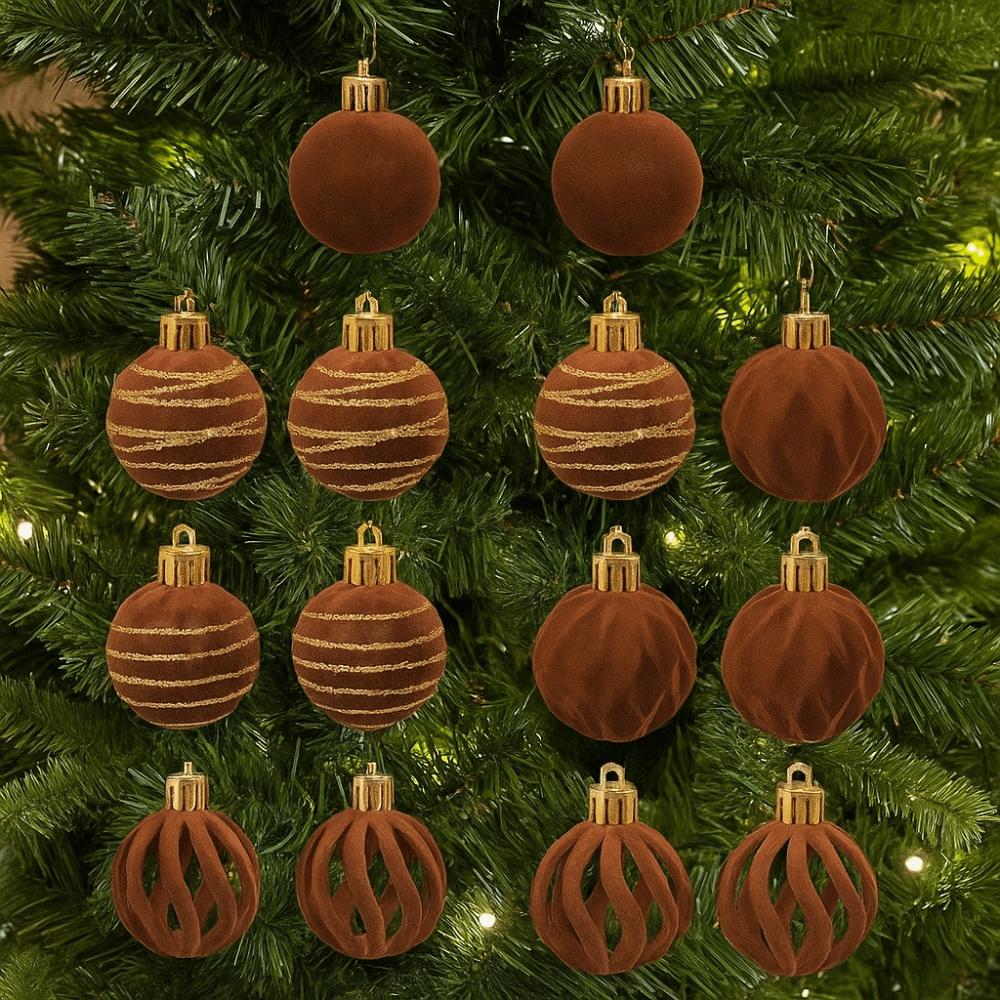 12pcs/Set 4CM Christmas Ball Ornaments Velvet Flocking Christmas Tree Props Plastic Sparkling Christmas Spheres Wreaths Decor