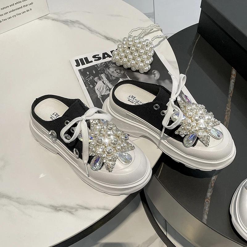 Primăvară Nou Adidași de Damă Papuci Designer Mules cu Platformă Sandale Plate Dulci Casual cu Șireturi Cristal de Perlă Pantofi de Damă Decupați