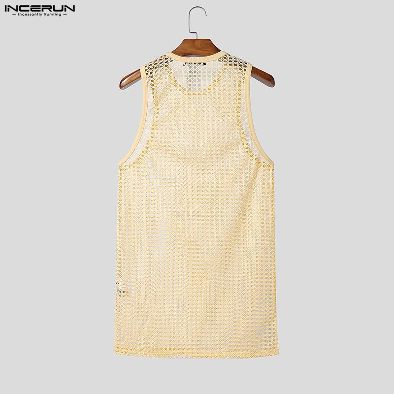 INCERUN Summer Men Beach Sets Sleeveless Hollow Tops Elastic Waist Pants Two-piece Suits
