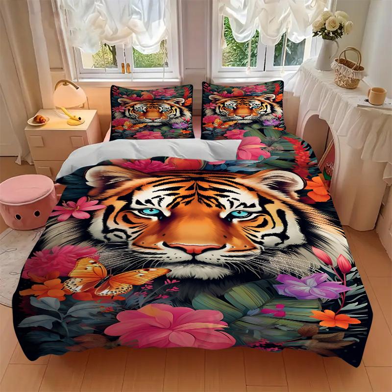 3Pcs Tiger Amidst Floral Splendor Bedding Set Soft Fabric Duvet Cover Pillowcases Home Christmas Xmas Halloween Gift 1 Duvet Cover 2 Pillowcase