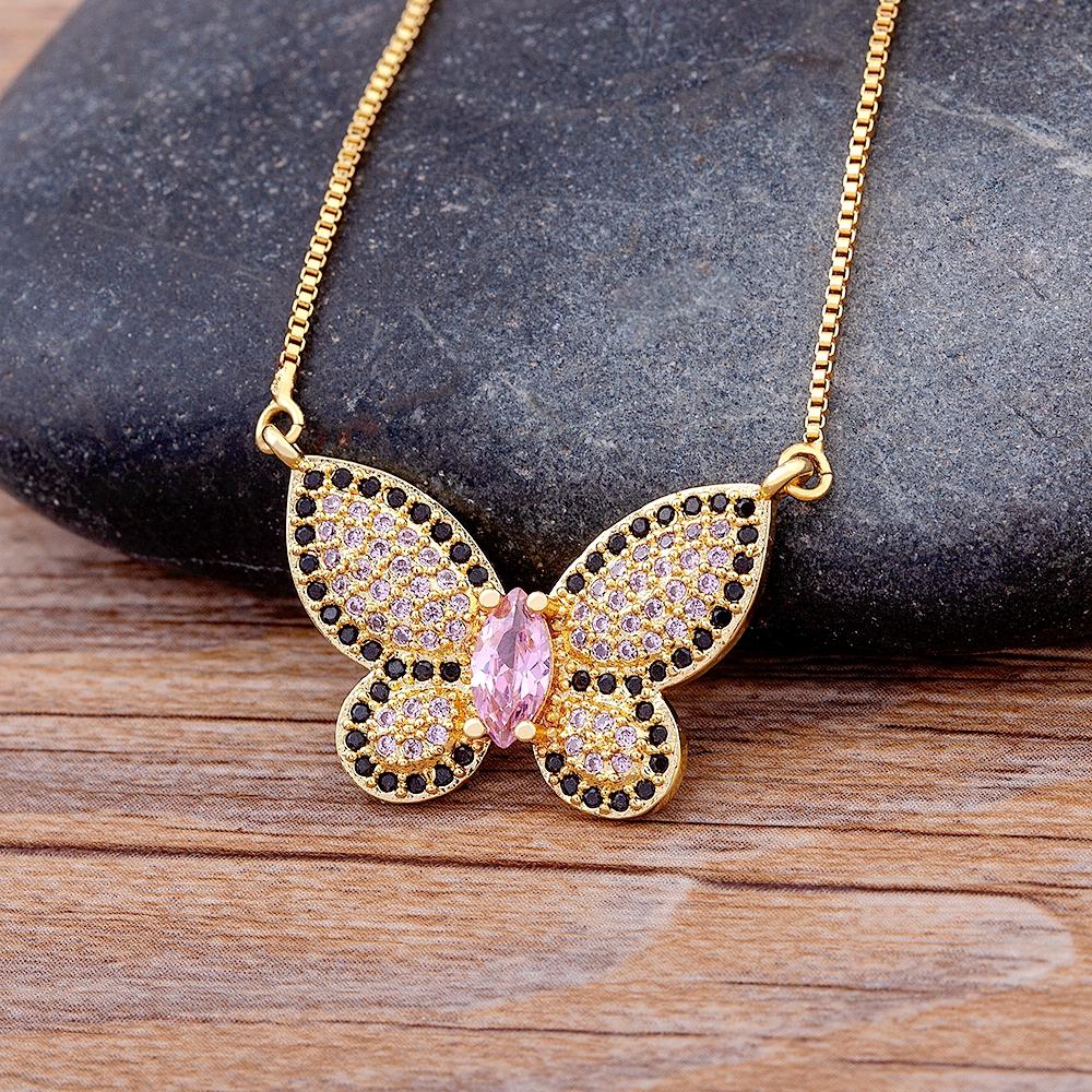Nidin Charm Luxury 12 Styles Butterfly Pendant Chain Necklaces For Women Gold Plated Copper Zircon Jewelry Trendy Party Gifts