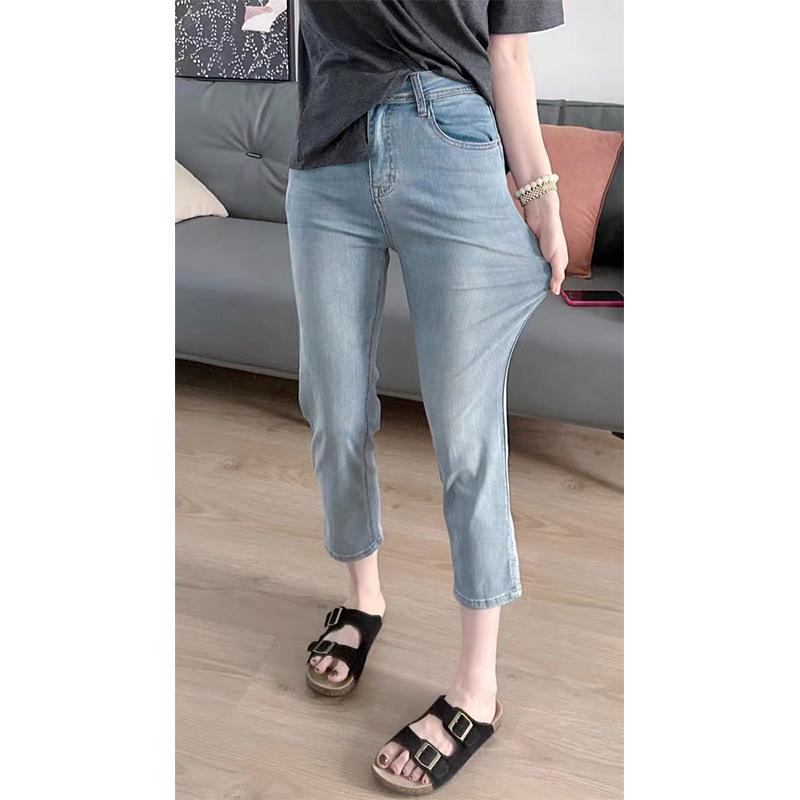 

Women s High Waist Elastic Split Cropped Jeans - Autumn Slim Straight Fit 4XL светло-синий