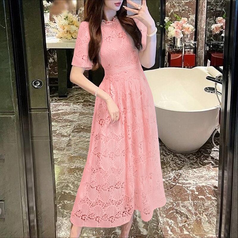 

ZANZEA Women Casual Round Neck Half Sleeve Elegant Lace Patchwork Long Dress S рожевий