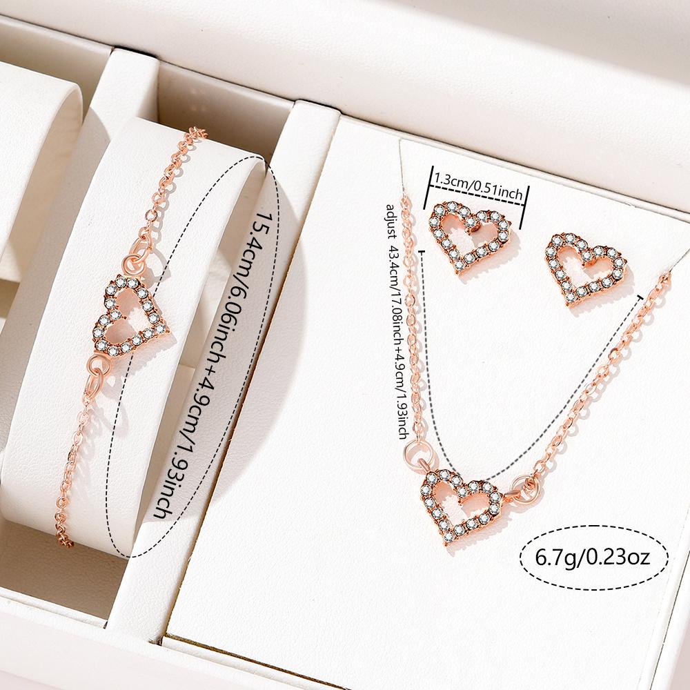 Gold Copper Two Color Women Fashion Peach Heart Studded Diamond Heart Necklace Earrings Bracelet Hollow Heart Shaped Zircon Set