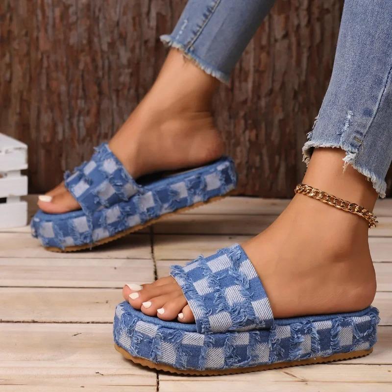 Women Denim Slides Summer Beach Sandals Women Retro Slip On Wedges Platform Casual Open Toe Flat Sandals Jeans Canvas Slides