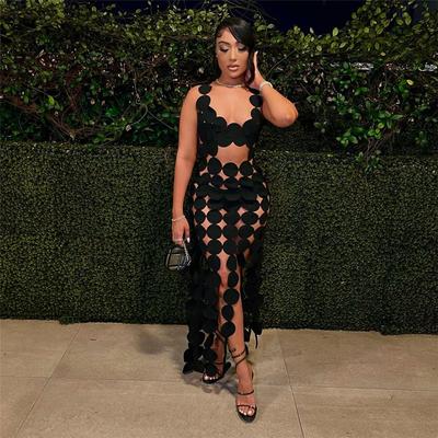 Summer Sleeveless See Through Black Sexy Party Dress Women Hollow High Waist Slim Fit Evening Dress Women High Waist Solid Backless Dresses 24389