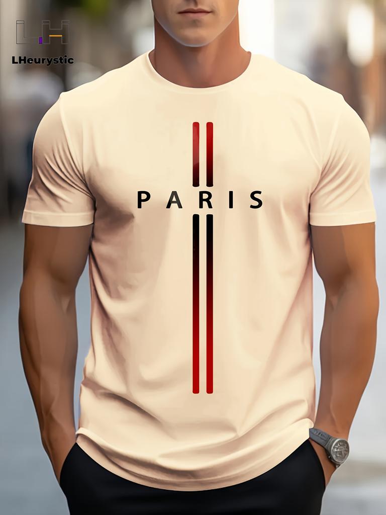 Men's 100% cotton summer loose size PARIS letter Graphic printed slim fit casual sports round neck short sleeved T-shirt top