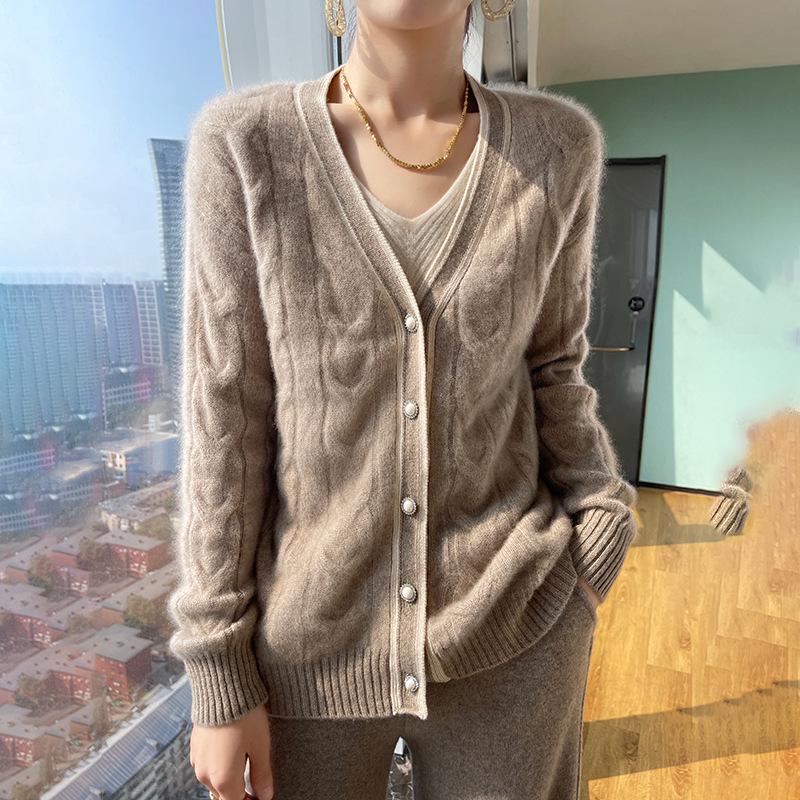 Women's V-Neck Cable Knit Wool Cardigan – New Autumn/Winter Color Block Cashmere Sweater Coat
