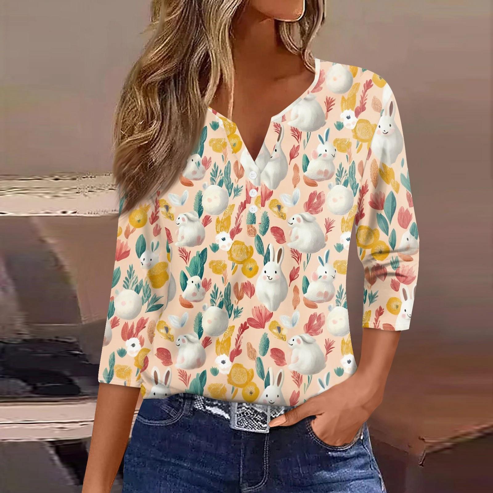 

Жен. Футболка С принтом Пуговицы Рукав 3/4 Повседневные Выходные Мода Классический Классический V-образный вырез Обычный Верх L оранжевый