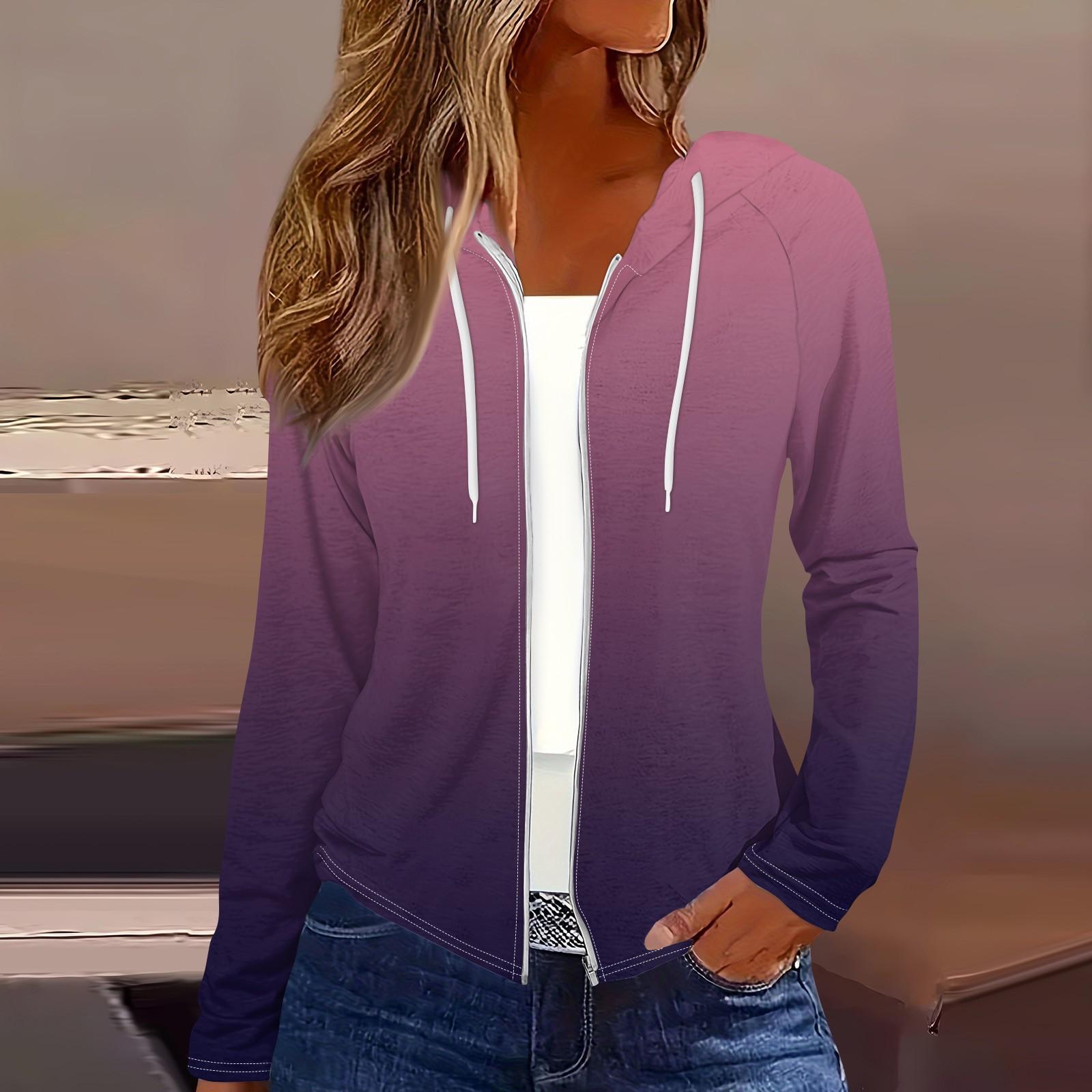 

Женская мода повседневная застежка-молния с капюшоном и принтом с длинным рукавом толстовки пальто M фиолетовый