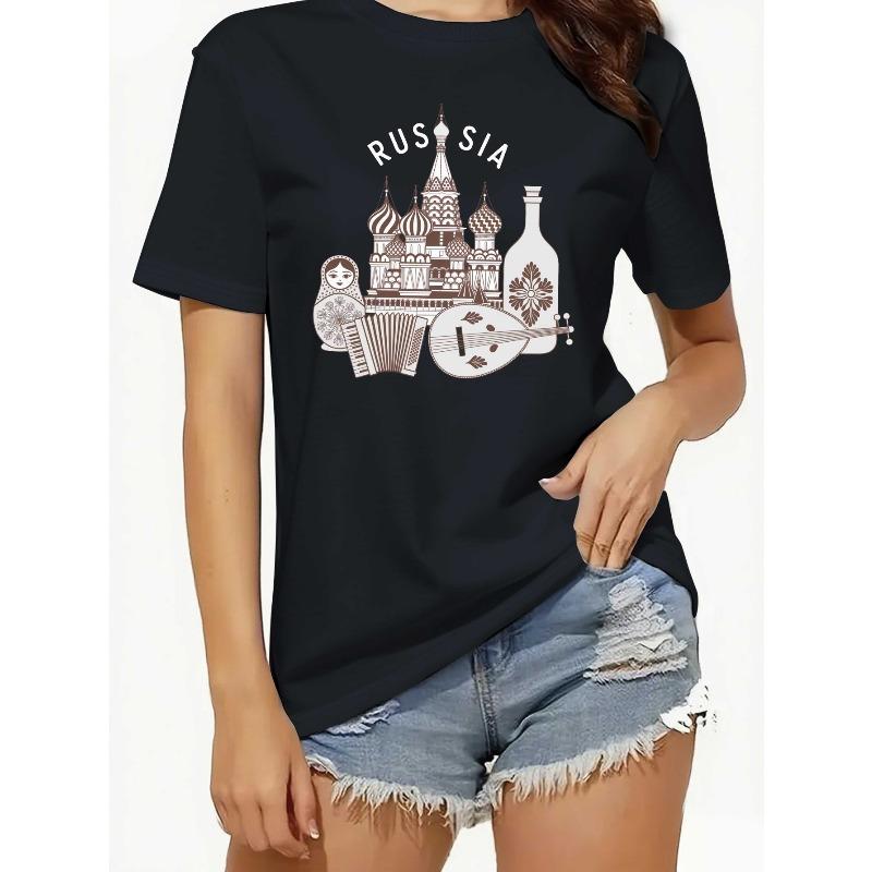 

Европейские размеры Женская футболка с принтом Собор Василия Блаженного Россия - Черная с Белым принтом Московской достопримечательности, Повседневная футболка с круглым вырезом S чёрный