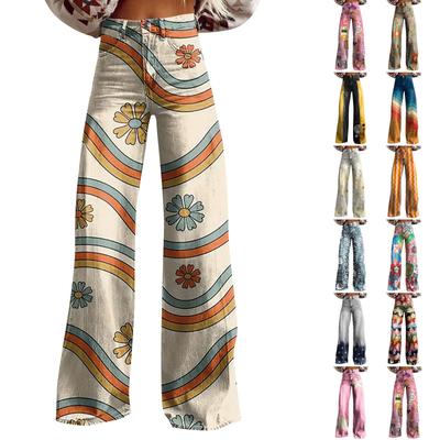 Wide Leg Flare Jeans For Women With Pockets Baggy Pants Vintage Floral Print High Waisted Loose Pant