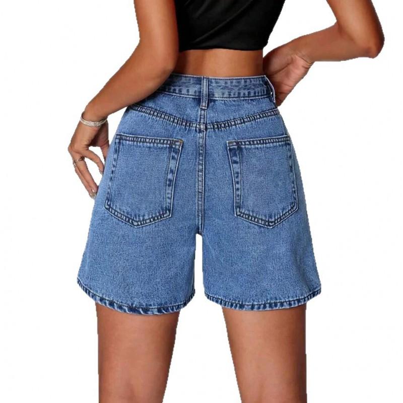 Womens High-Waisted Straight Cut Denim Shorts Non-Stretch Cotton Jeans Streetwear