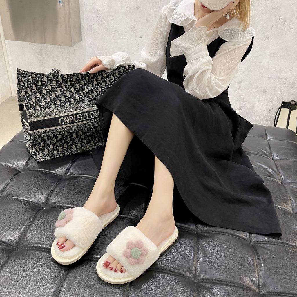 Comfortable indoor non-slip cotton slippers cute flower fluffy slippers outer wear 2025 autumn and winter new home