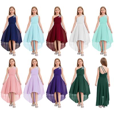 Ein-Schulter-Blumenmädchen-Brautjungfern-Langkleid für Hochzeitsfeier, Abschlussball, Ballkleid