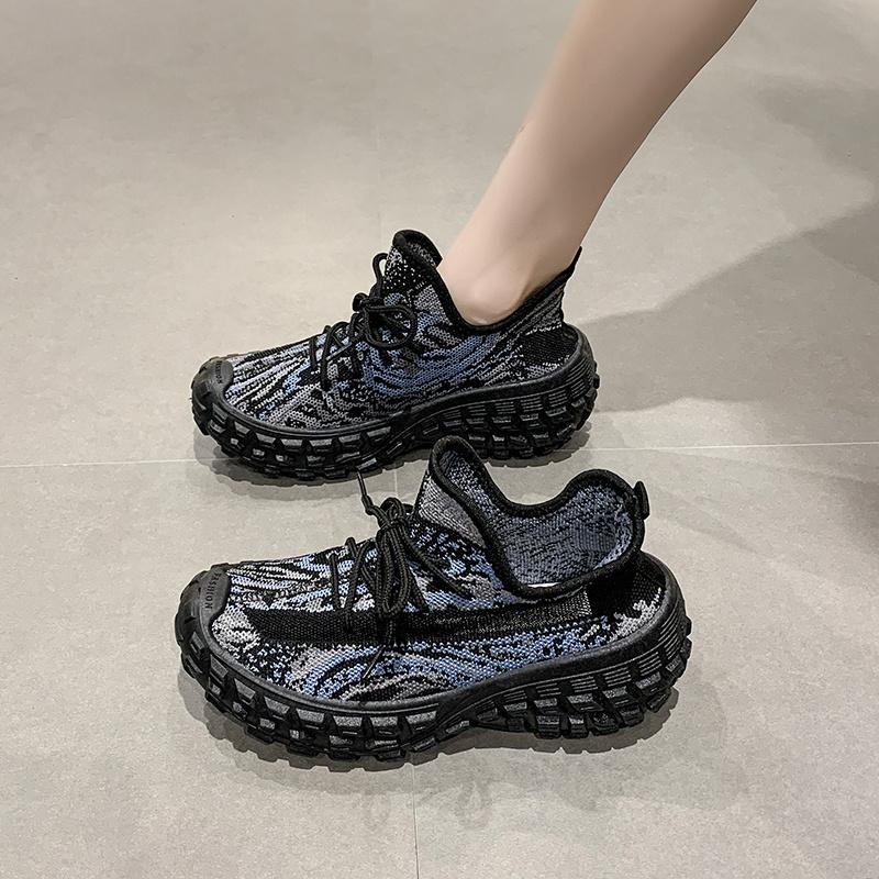 Spring/Autumn New Round Head Thick Sole Increase Shock Absorption Vulcanized Shoes Mesh Surface Breathable Fresh Walking Shoes
