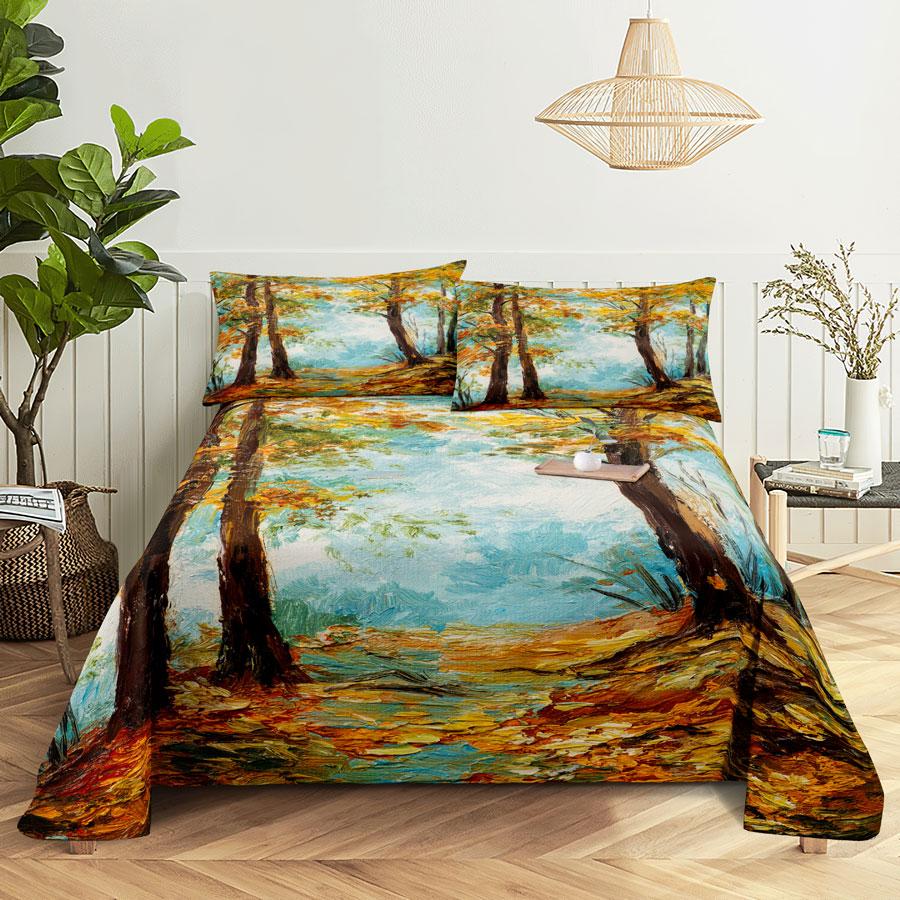 Scene Bed Sheet and Pillowcase Set Bedding Linens Cover Queen King Double Size 220x240 Trees for Bedroom Soft Twin Full Single