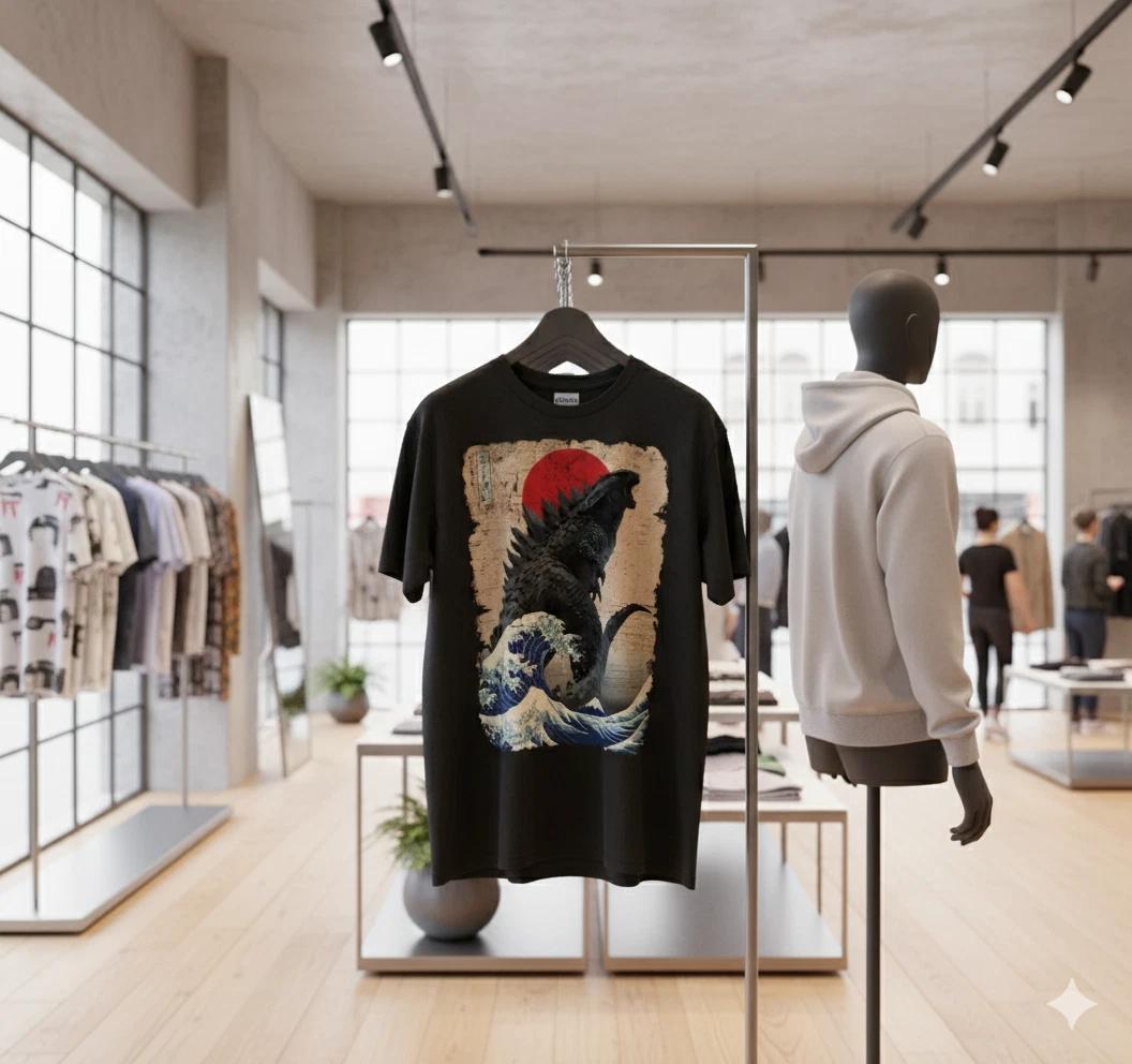Godzilla Japanese Art Wave Graphic Unisex T-Shirt Kaiju Monster Tee - S249 M