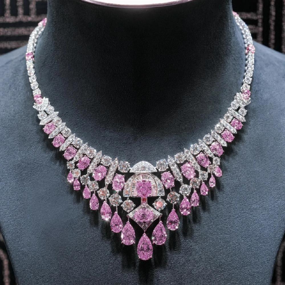 Royal Blue Sapphire Necklace Wedding Party Pink Diamond Set Light Luxury Yellow Diamond Jewelry for Women