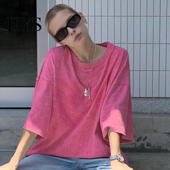 Men Women Casual Shirt T-shirt Round Neck Short Sleeve Loose Fit Tee Solid Color Washed Distressed Retro Pullover Tops Streetwear Top