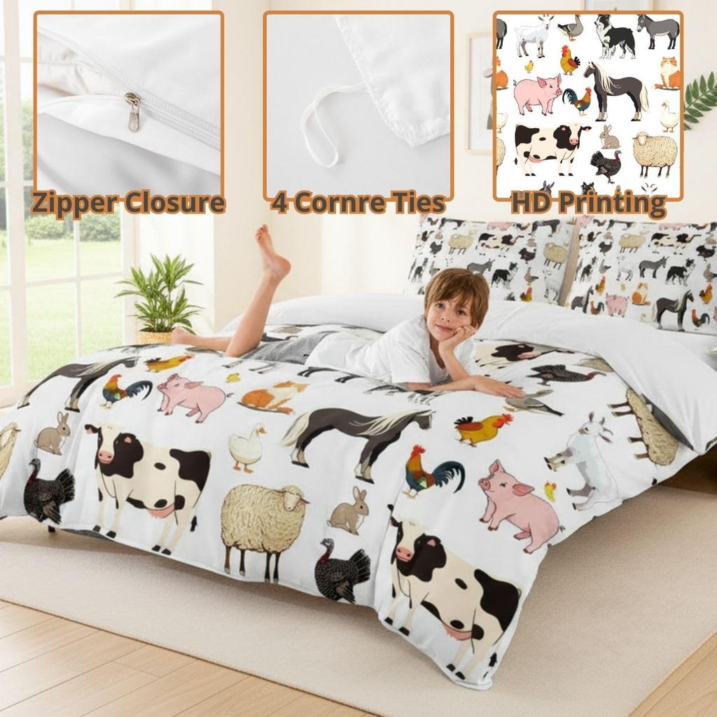 Farm Animal Junior Duvet Cover Set With 1 Pillowcase Cute Cow Horse Print Bedding Set For Kids Boys Girls Bedroom