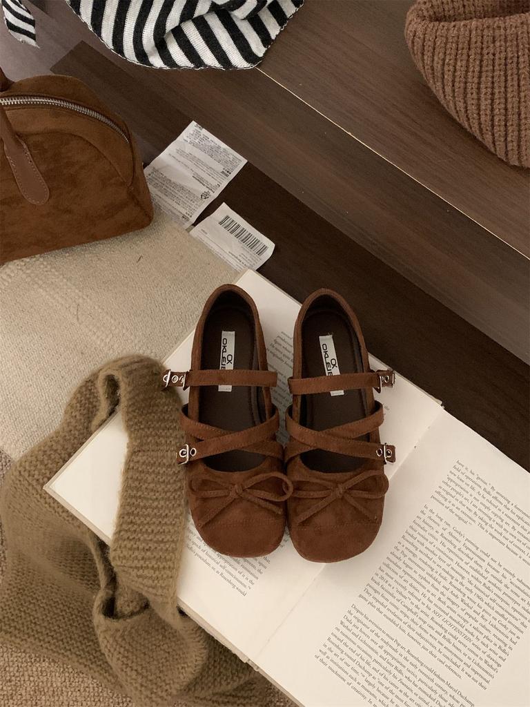 Korean Version of Round Head Suede Splicing Double Row One-word Belt Ladyshoes Women's 2025 New Autumn Versatile Flat Bottom Shallow Mouth Single Shoe
