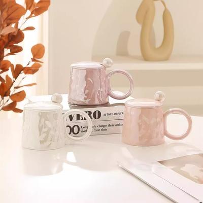 High Value Pearlescent Glaze Ceramic Cup Light Luxury Water Cup Girl Heart Mug Coffee Cup with Lid Spoon Gift Event