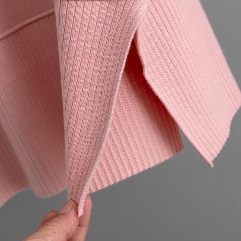 QICED Pull uni à col montant, Demi-corps fendu, Jupe moulante, Ensemble tricoté deux pièces automne et hiver pour femmes