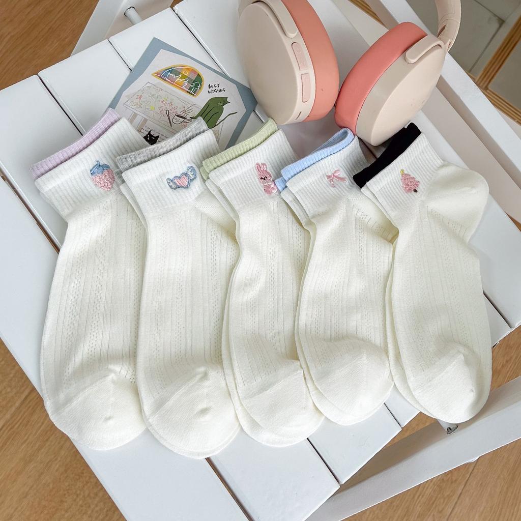 Cute Socks Ladies Short Cotton Summer Lightweight Mesh Breathable Embroidered Sports Socks