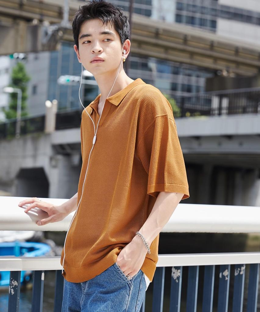 WEGO Mesh Polo Knit Summer Loose Korean Size Mustard Men's Pullover, Top, Fit, Casual, Gift, Style, Layered, Spring, Summer, Autumn, M,